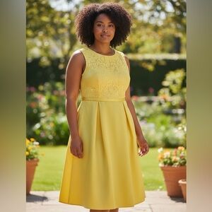 Chic Yellow Midi Dress with Lace Detail And brush or pink old